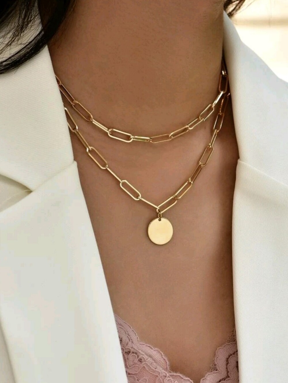 Anthropologie Aria Layered Hammered Charm, Bar & Paperclip Gold Necklace